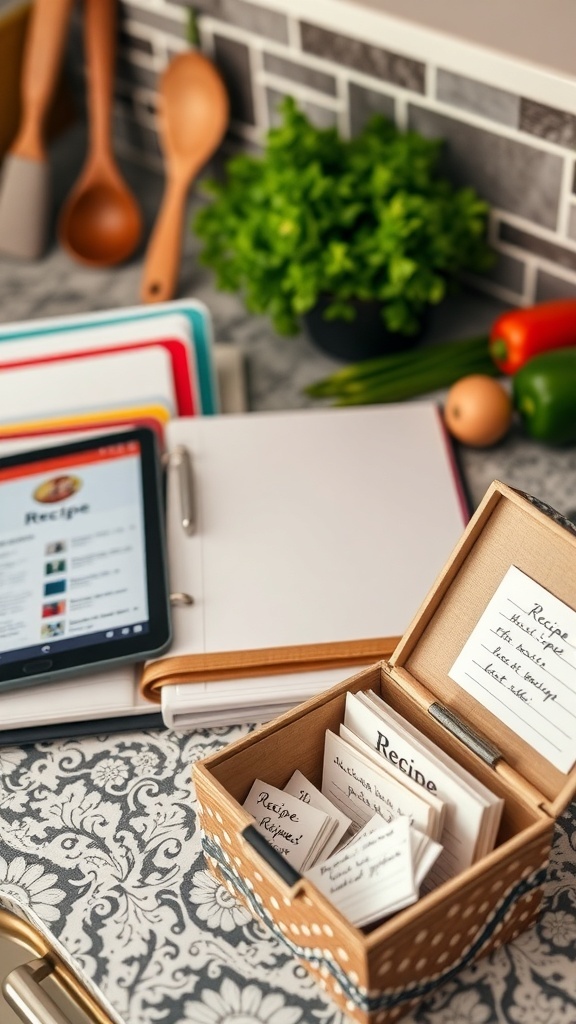 Organized kitchen with a recipe binder, digital tablet, and recipe box on the countertop.